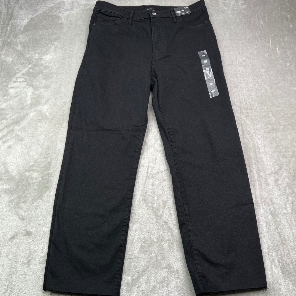 Express Straight Ankle Jeans Women 12R Black High Rise Hyper Stretch Raw Hem New